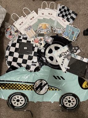Race Car Party Decorations - Mint, Black & White.